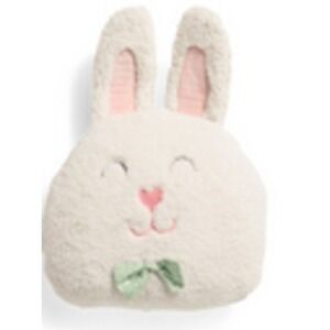 Bunny Plush Pillow Cream Embroidered Face Green Bow Easter‎ Spring Soft Decor